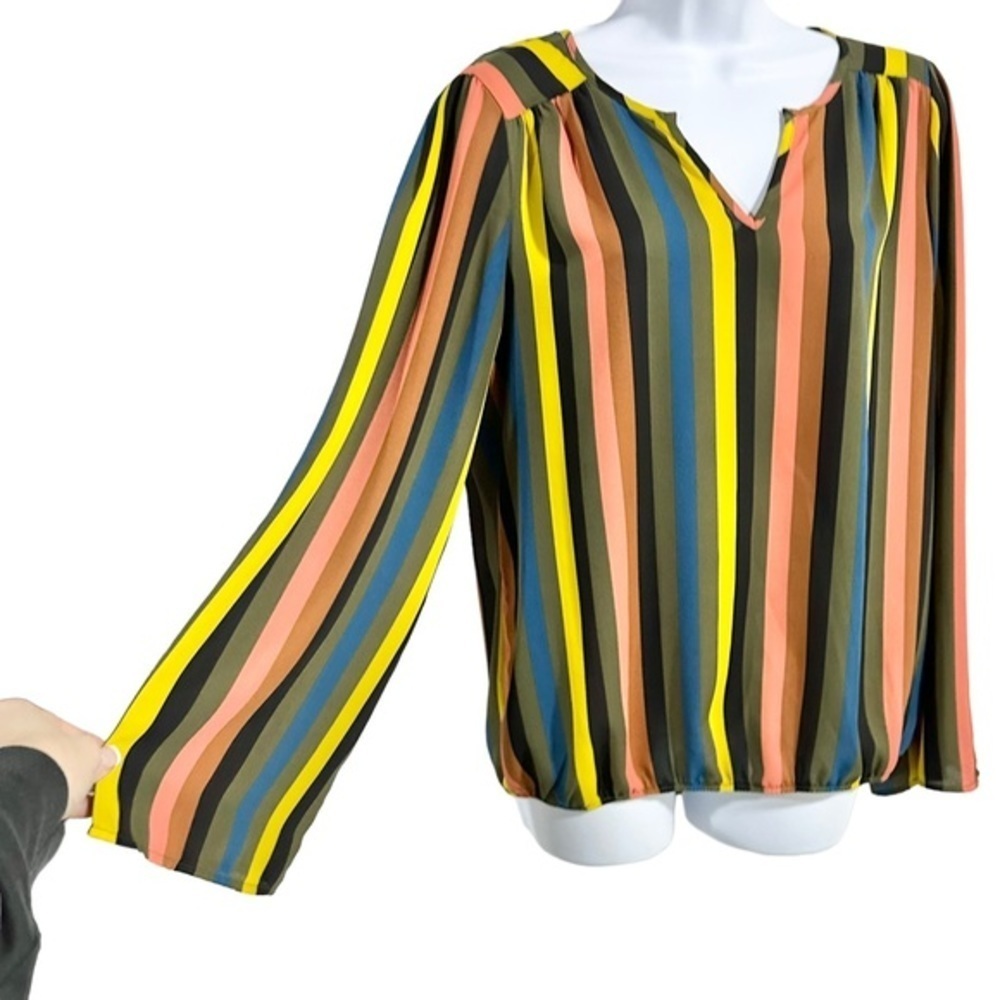 Allison Joy Multicolor Striped Long Sleeve Split V-Neck Blouse Top Size M - Picture 2 of 10